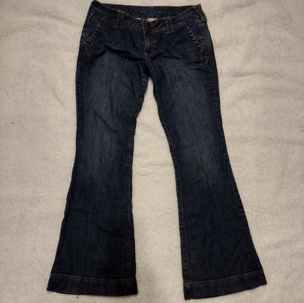 Decree jeans. Dark wash. Slightly flared at the bottom. Bottoms are a bit jagged